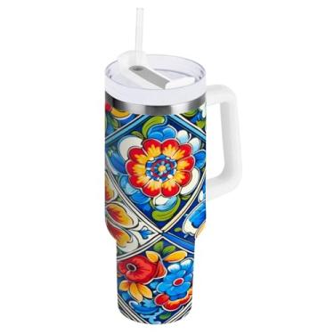 Imagem de Blueangle Copo isolado de 850 g com alça e tampa de canudo - Caneca de viagem de aço inoxidável à prova de vazamento, garrafa de água de cerâmica mexicana a vácuo de parede dupla (564)