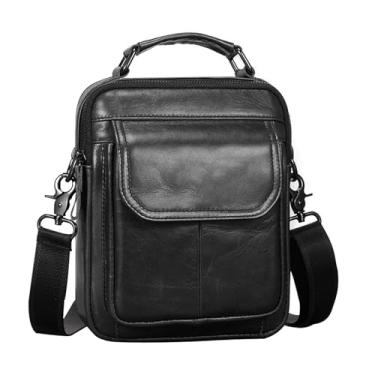 Imagem de aqxreight Bolsa Tipo Estilingue Masculina Bolsa de Ombro de Couro Genuíno Retro de Corpo Cruzado Vintage Mensageiro Carteira um Telefone de Passaporte Grande e é Vintage para Mas Móvel Tipo (Preto)
