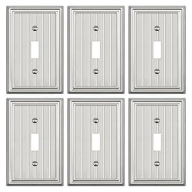 Imagem de Placa de parede de metal para tomadas elétricas, placa decorativa de níquel escovado, capa de interruptor de luz, placas de parede de 1 gangue (interruptor único, pacote com 6)