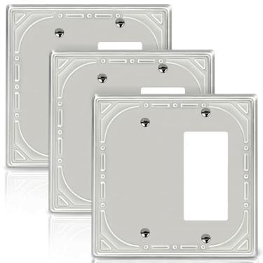 Imagem de Combinação de metal para interruptores de luz, placa de parede, 1 placa decorativa, em branco, 1 placa decorativa, níquel escovado, placa de parede de 2 gangs, estilo retrô clássico, pacote com 3