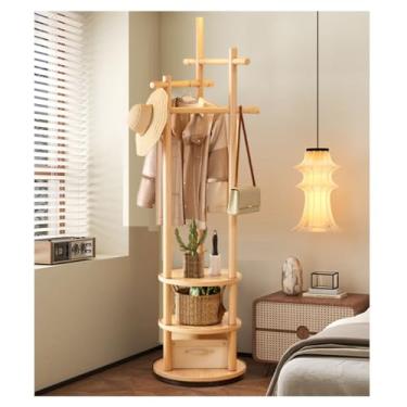 Imagem de Hhsdyl Cabideiro Giratório Madeira Maciça com 3 Prateleiras e Ganchos, Cabideiro Independente Suporte Casacos para Quarto, Entrada, Sala de Estar,Natural wood