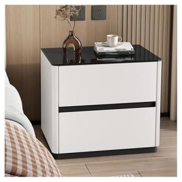 Imagem de SPXMQSS Mesa de cabeceira SPXMQSS com gavetas duplas de armazenamento, moldura de madeira maciça e tampo de vidro temperado para quarto, mesa de cabeceira de sala de estar, sem necessidade de montagem