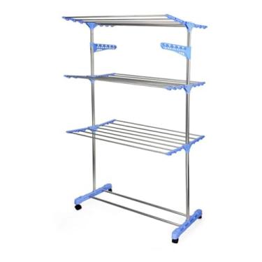Imagem de Varal de Chão Vertical 3 Andares Dobrável com 4 Rodas, Estrutura em Aço Inox, Grande Capacidade 10kg, Suporte para Cabides e Sapatos, 168x63x72cm
