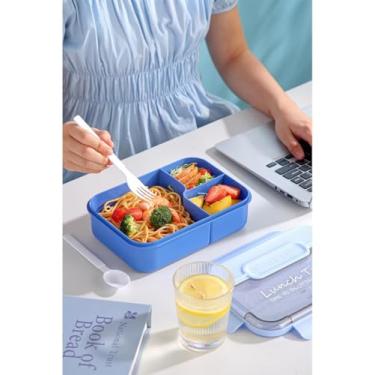 Imagem de Caixa Bento para adultos, recipientes de almoço modernos de 1450 ml com colher e garfo, suporte de refeição fácil de transportar com 3 compartimentos, sem BPA, à prova de vazamento, perfeito para