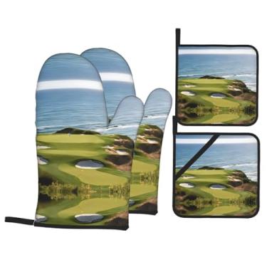 Imagem de Campo de golfe de praia - Conjunto de luvas de cozinha estampadas com suportes de tampa, luvas de forno resistentes ao calor para lidar com panelas quentes, grelhar, churrascos, kit de 4 peças.