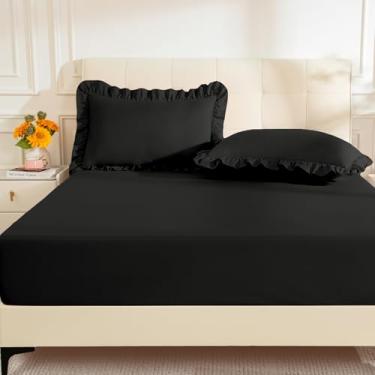 Imagem de KKJIAF Lençol Queen com 2 fronhas de babados, microfibra escovada com bolso profundo de 40,6 cm, lençóis de cama respiráveis confortáveis, preto (sem lençol de cima)