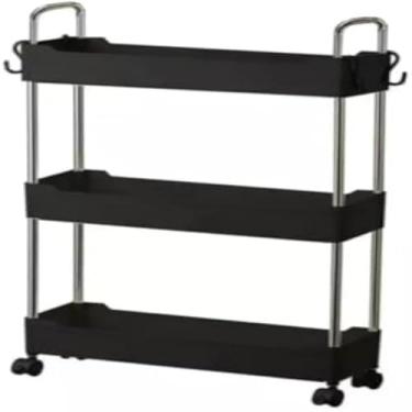 Imagem de Prateleira metalica, organizadora de ambientes, tres niveis, rodinhas, cor preta, e versatil, bonita.