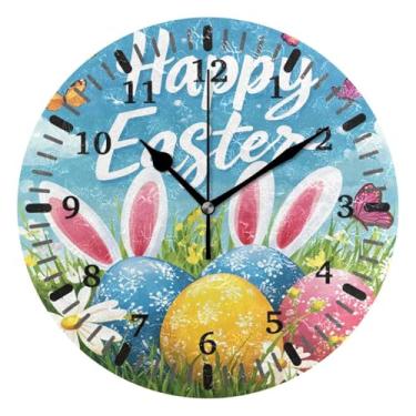 Imagem de CEBUGI Ovos de Páscoa coloridos relógio de parede operado a bateria relógios redondos silenciosos sem tique-taque relógios de parede para cozinha, banheiro, quarto, escritório, decoração 25,4 cm