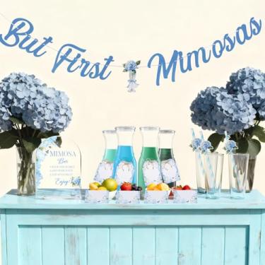 Imagem de CORNER LACE Kit de placa de bar Mimosa para chá de panela, faixa de hortênsia azul, etiquetas de mesa de suco, canudos, decorações de brunch, casamento, casamento, despedida de solteira, noivado