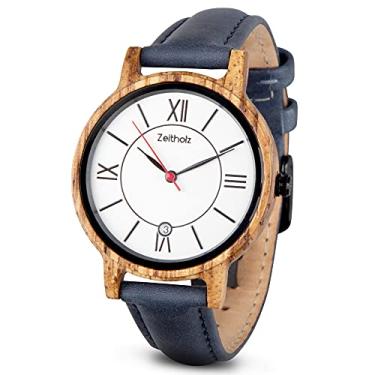 Imagem de Zeitholz Relógio de madeira feminino, relógio de madeira, presentes, relógio analógico, data, nova coleção Rosenbach de 36 mm, madeira natural, movimento de quartzo japonês, pulseira de couro., Branco