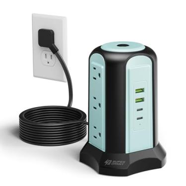 Imagem de Protetor contra surtos de torre de régua elétrica, estação de carregamento SUPERDANNY para mesa, cabo de extensão de 3 m, 9 tomadas, 4 portas USB, 1080 joules, 3 pinos, aterrado, várias proteções para
