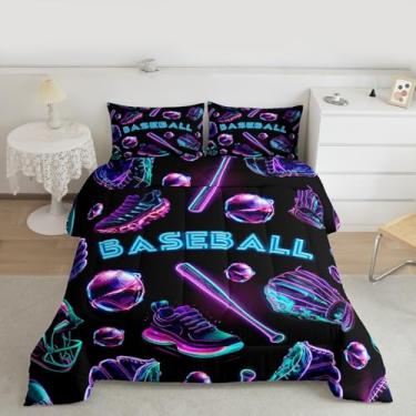 Imagem de Feelyou Jogo de cama com tema de beisebol, macio, para meninos e meninas, azul e roxo, tamanho queen, luvas de taco de beisebol, edredom de microfibra, sapatos, decoração de quarto, 3 peças com 2