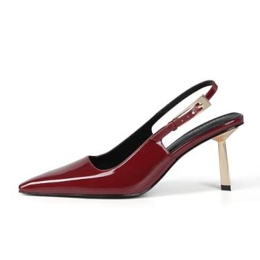 Imagem de iiimmu Salto Slingback para mulheres, bico fechado, salto gatinho de 8,89 cm, sandálias femininas de salto quadrado, sapatos sociais stiletto, sapatos de couro envernizado, Couro envernizado