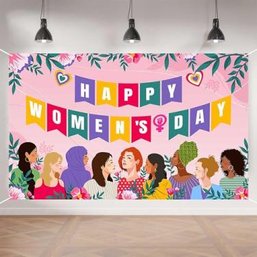 Imagem de Banner Happy Women's Day, 179.8 cm x 110.0 cm Cenário do Dia Internacional da Mulher, Decoração Floral Rosa para Eventos, Festas e Adereços Empoderadores de Cabine de Fotos