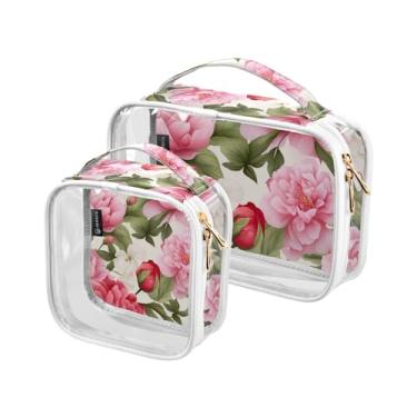 Imagem de GAIGEO Flores rosa e verdes em bolsa transparente de viagem preta, bolsa transparente para viagem aprovada pela Tsa, bolsas de acessórios, pacote com 2, Peônia rosa e verde floral - 1, one size