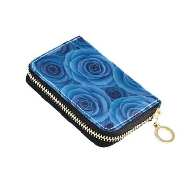 Imagem de Carteira minimalista feminina de couro com bloqueio de RFID, carteira masculina fofa aquarela floral flores azuis com bolso para moedas