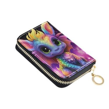Imagem de Carteiras de cartão de crédito com bloqueio de RFID, zíper ao redor, carteira feminina de couro com zíper e bolsa de moedas, dragão fofo arco-íris
