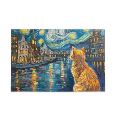 Imagem de Quebra-cabeça de 500 peças de gato laranja cidade estrelada, composto de papel e madeira, quebra-cabeças para adolescentes com suporte de letras