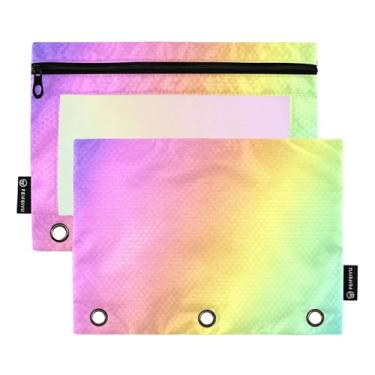 Imagem de Pasta de lápis para sala de aula com 3 argolas com zíper, fichário escolar, bolsos transparentes, estampa colorida pastel, 25 x 18 cm, 2 pacotes