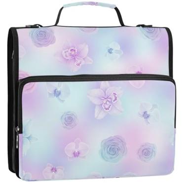 Imagem de Organizador de fichário com zíper impresso, 3 anéis, anel D de 3,5 cm, roxo macio, floral, vários bolsos, pasta grande para o ensino médio, bolsa de fichário com alça, 34,5 x 31,5 x 9 cm