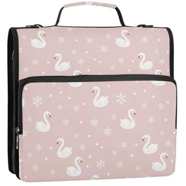 Imagem de Organizador de fichário colorido com zíper, 3 anéis, cisnes brancos, flocos de neve, estojo de armazenamento rosa com alça para fichário do ensino médio com alça, 34,5 x 31,5 x 9 cm