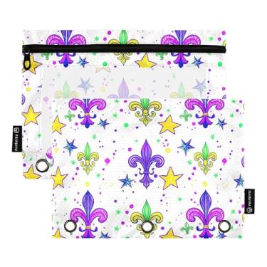 Imagem de GAIGEO Pasta roxa com 3 anéis de estrelas coloridas Fleur De Lis, bolsa para lápis, fichário com zíper, bolsos transparentes para meninos, tecido 25 x 18 cm, 2 pacotes