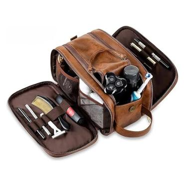 Imagem de Necessaire Masculina Fêmea Bolsa Porta Objeto Viagem Couro Pu (Marrom-escuro)