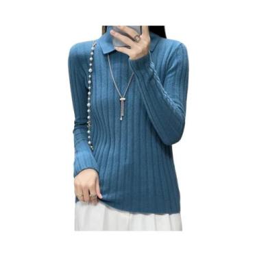 Imagem de Suéter Feminino De Malha Com Gola Polo, Ajuste Slim, Manga Longa, Maci