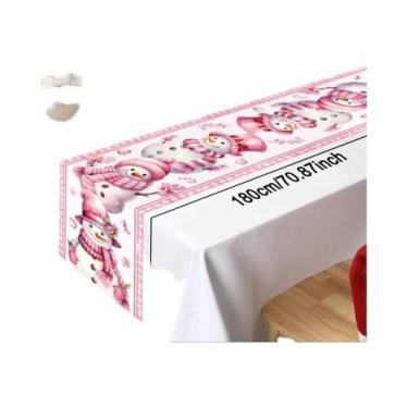 Imagem de Toalha De Mesa De Natal Rosa Com Decorações De Boneco De Neve E Papai 
