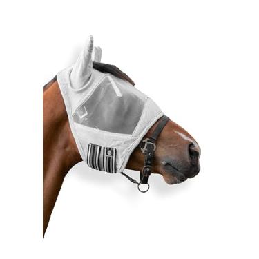Imagem de Equinavia Algard Máscara de mosca de cavalo de malha macia com proteção de ouvido e classificação FPS 45 | Sem irritação ocular e proteção UV - Prata - Pônei