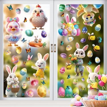 Imagem de Adesivos de janela de coelhinho da Páscoa, 77 peças de adesivos de janela feliz Páscoa desenho animado coelho pintinho ovo decalques para janelas de vidro para decoração de primavera de casa escola