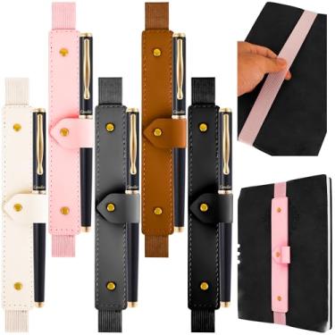 Imagem de ReignSword Pacote com 5 porta-canetas para notebook, estojo de couro vegano com faixa elástica ajustável, estojo giratório para canetas para diários de capa dura, agendas, fichários, bíblias e livros