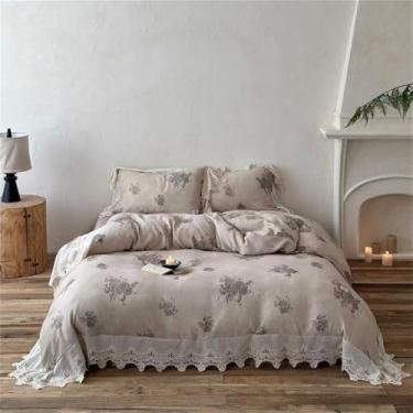 Imagem de Conjunto de cama com estampa floral, tamanho casal, queen e king, em linho e algodão natural, capa de edredom, estilo 1, lençol de baixo com elástico de 1,5 m.