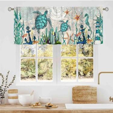 Imagem de TKUYO Saia de cozinha de tartaruga marinha, praia náutica costeira, algas marinhas, estrela-do-mar, verão, oceano, bolso para varão, cortinas para janela pequena, para café, sala de estar, quarto