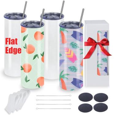 Imagem de MICLAXYS Pacote com 4 copos de sublimação de 590 ml a granel com borda plana, copo de sublimação plano de 590 ml, copos brancos de aço inoxidável retos finos com caixa individual (4, borda plana de