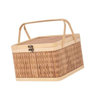 Imagem de SiaBiced Cesta de bambu trançado, porta-frutas, pão, ovos, portátil, com tampa e alça, ideal para da lua, lanches, frutas e camping, Quadrado