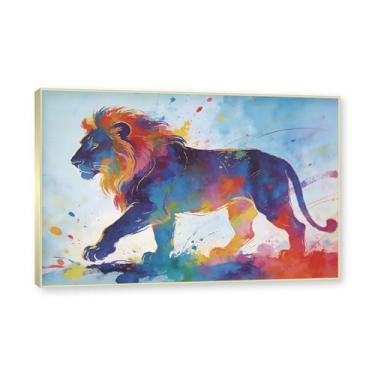 Imagem de NHLDZYH Moldura dourada. Arte abstrata de respingos de leão, pintura colorida de animais em tela, decoração de parede expressiva moderna para sala de estar ou escritório. A69. 60 x 90 cm - 23,7 x 35,5