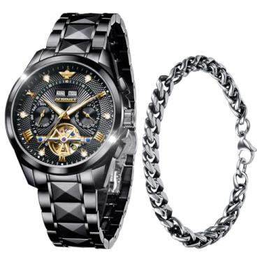 Imagem de OUPINKE Relógios masculinos automáticos esqueleto automáticos automáticos mecânicos ouro luxuoso cristal safira vestido presentes relógios de pulso, G3270G: pulseira preta e mostrador preto, Presente