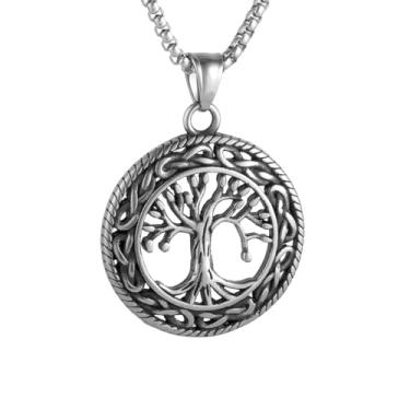 Imagem de Colar com pingente redondo oco de árvore da vida retrô masculino e feminino, aço inoxidável 316L, corrente quadrada de pérola de aço inoxidável prateado, joia de amuleto vintage para presente