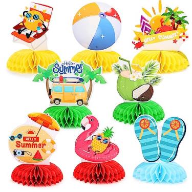 Imagem de 8 peças de decoração de festa de verão em forma de favo de mel, decoração temática de praia Hello Summer Decorações de festa na piscina para decoração de mesa