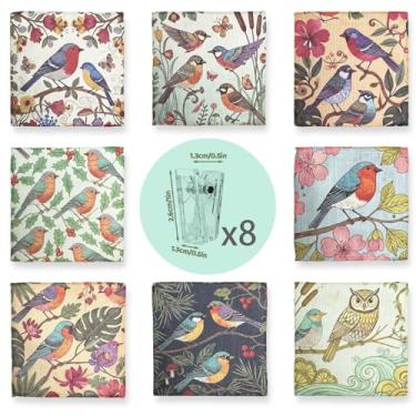 Imagem de YIKUSO Pacote com 8 toalhas de cozinha de microfibra ultrafinas, quadradas de 17 cm com 8 clipes e vários padrões – Panos de limpeza macios, absorventes e reutilizáveis (pássaros)