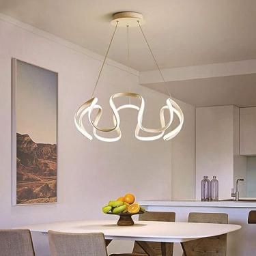 Imagem de Luminária pendente LED para mesa de jantar, com intensidade ajustável, giratória e com controle remoto, em alumínio dourado, estilo lustre (branca, 58 cm de comprimento).