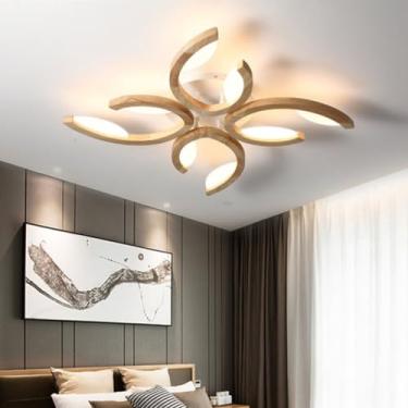 Imagem de Luminária de teto de madeira com LED, formato de flor, dimerizável, com controle remoto, ideal para escritório, quarto, sala de estar e escritório (4 lâmpadas).