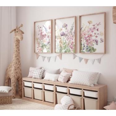 Imagem de Pintura em tela de berçário de flores silvestres 3 peças de pôsteres botânicos de flores vintage impressões de arte de parede para sala de estar, berçário, quarto, decoração de casa com moldura