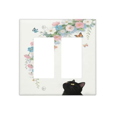 Imagem de Capas decorativas para interruptores de luz de gato preto, flores penduradas, 2 gangues, combinação dupla, placa frontal elétrica, placa de parede para decoração de casa