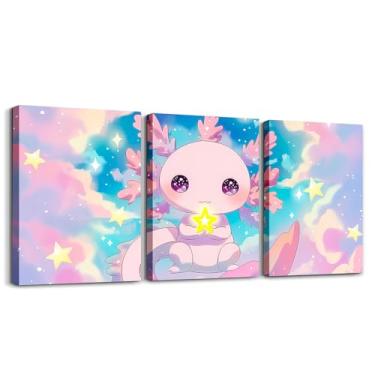 Imagem de Erosebridal Conjunto de 3 peças de arte de parede em tela Axolotl para meninas, meninos, adolescentes, sonhadores, nuvens, estrelas, arco-íris, emoldurado, pinturas, desenhos animados, oceano, animal