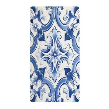 Imagem de Blueangle Lençol de berço padrão para berço infantil - Lençóis de algodão macio e respirável com azulejos vintage azuis (570)