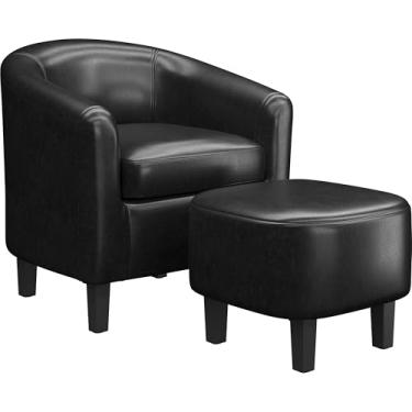 Imagem de Yaheetech Cadeira moderna com realce do meio do século com descanso de pé de otomano, cadeira estofada macia tecido confortável poltrona e apoio para os pés conjunto para sala de estar/quarto/sala de leitura, preto