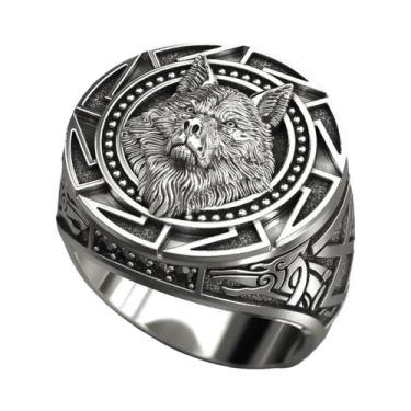 Imagem de Anel Cabeça De Lobo Guerreiro Viking Retrô Mitologia Nórdica Design Ge