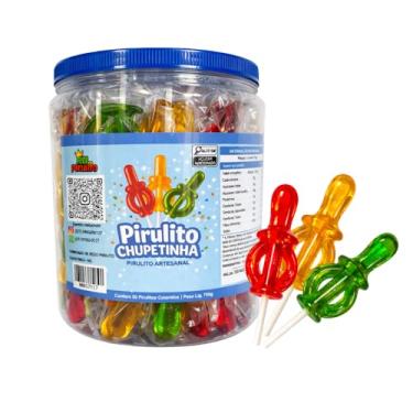 Imagem de Pirulito Chupetinha Artesanal pote com 50 unidades Verde,Vermelha e Amarela – Rei do Pirulito